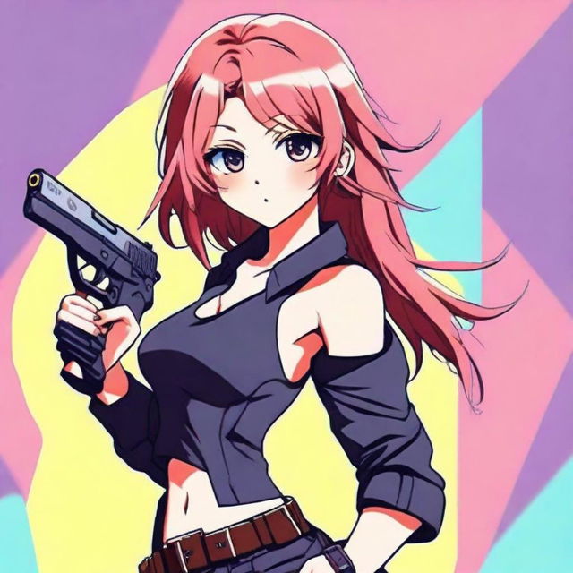 A sexy anime girl holding a gun, designed as a quirky and fun profile picture