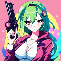 A sexy anime girl holding a gun, designed as a quirky and fun profile picture