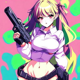 A sexy anime girl holding a gun, designed as a quirky and fun profile picture