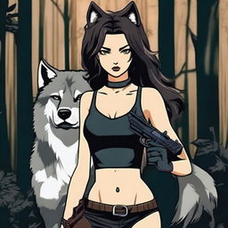 A sexy girl holding a gun with a wolf in the background