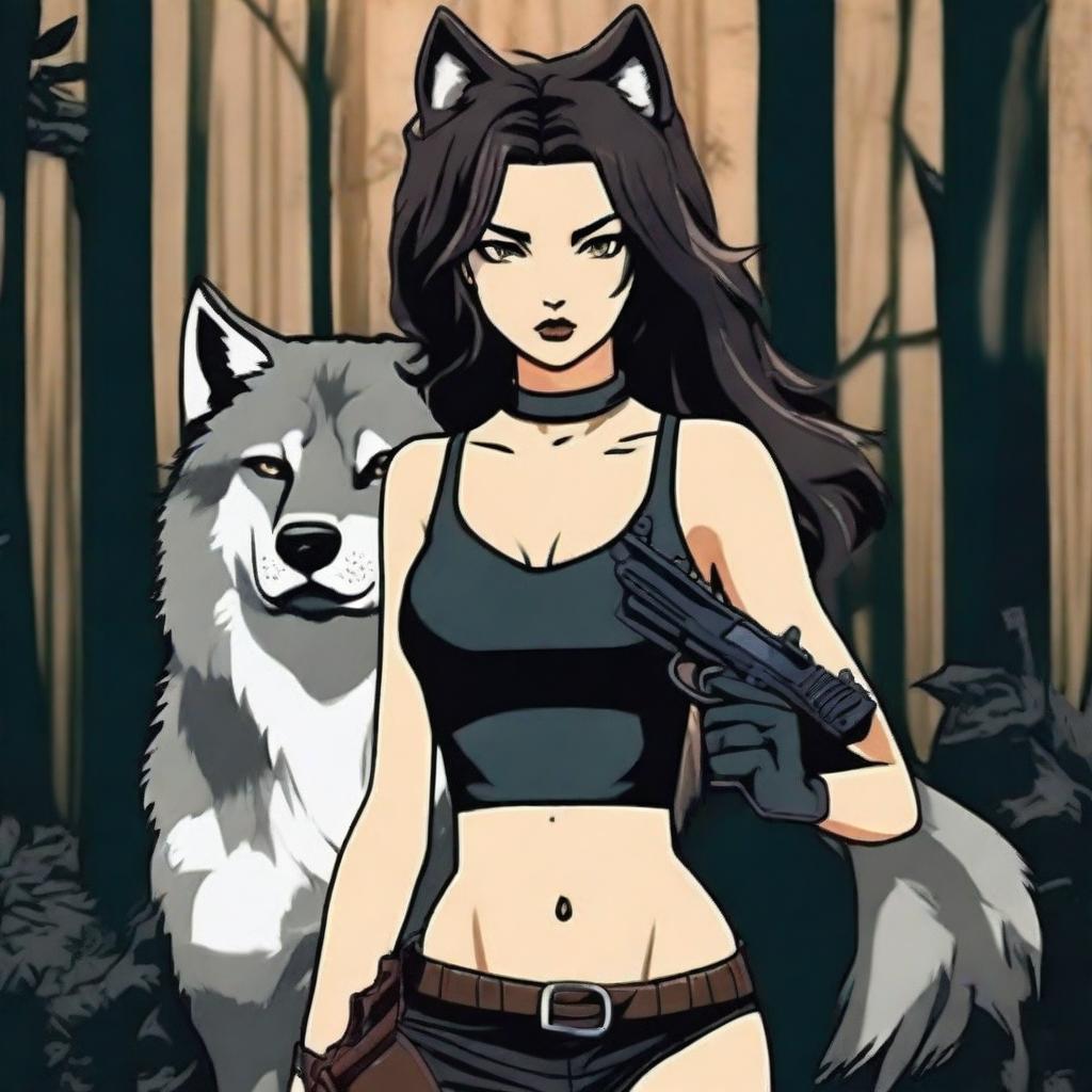 A sexy girl holding a gun with a wolf in the background