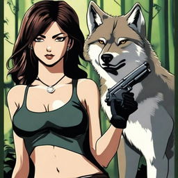 A sexy girl holding a gun with a wolf in the background