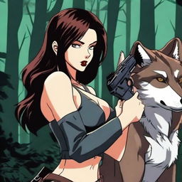 A sexy girl holding a gun with a wolf in the background