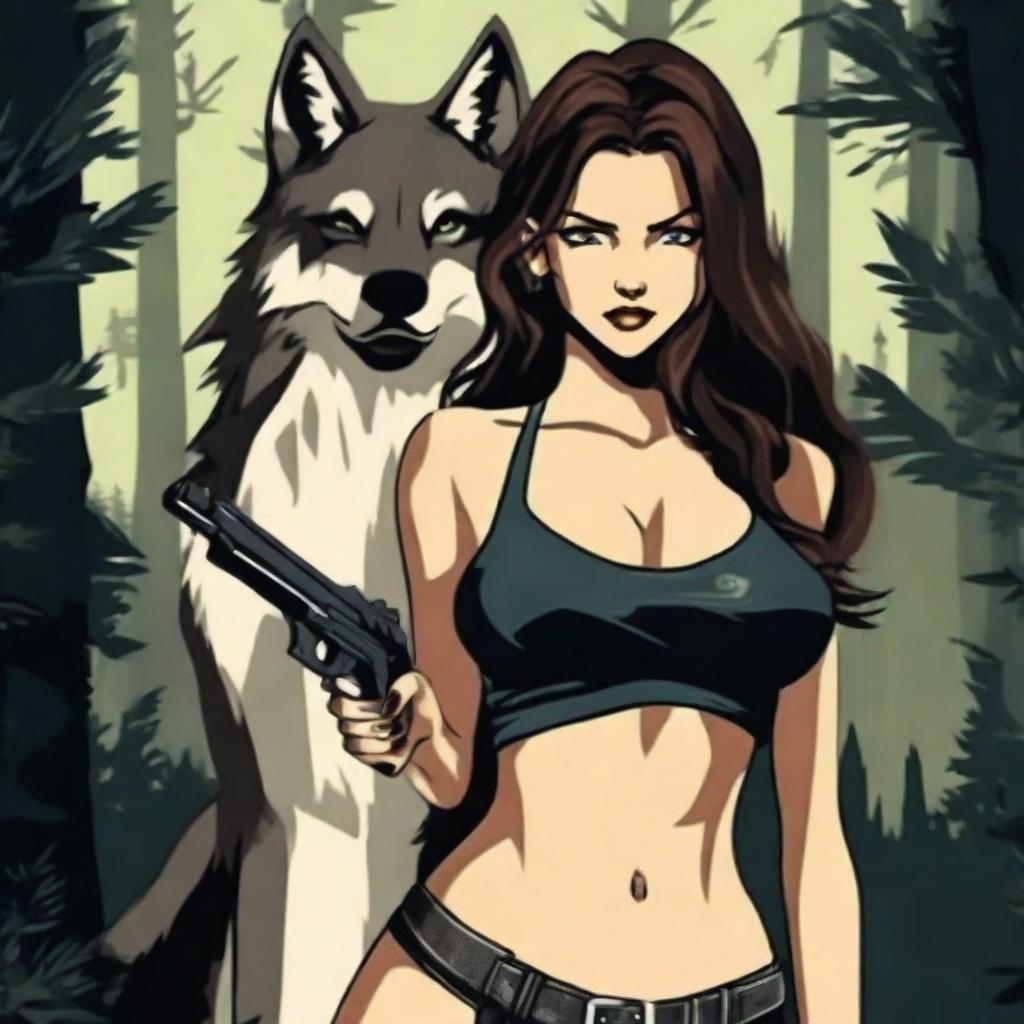 A sexy girl holding a gun with a wolf in the background