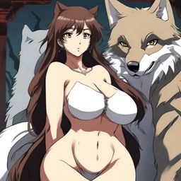 A mature-themed anime girl with a voluptuous figure, set against an intense background featuring a wolf