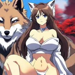 A mature-themed anime girl with a voluptuous figure, set against an intense background featuring a wolf