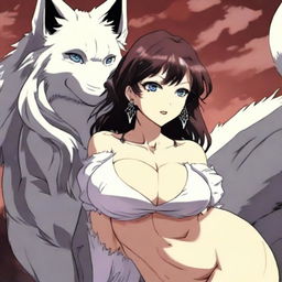 A mature-themed anime girl with a voluptuous figure, set against an intense background featuring a wolf