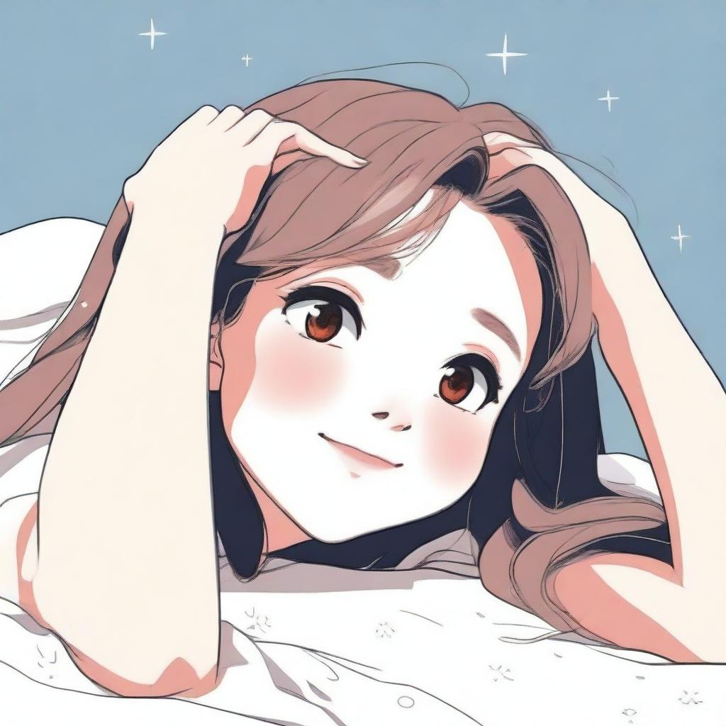 A girl lying face down with her head raised, blushing heavily and looking excited