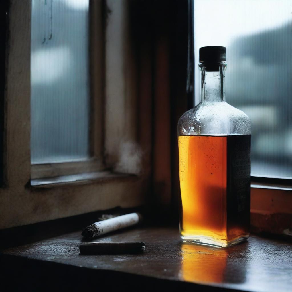 A dark and depressing scene featuring a rain-soaked windowsill