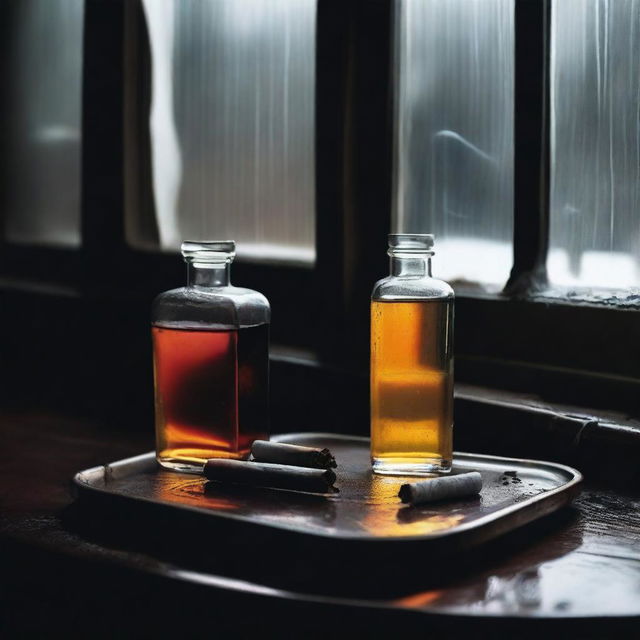 A dark and depressing scene featuring a rain-soaked windowsill