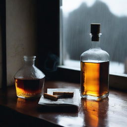 A dark and depressing scene featuring a rain-soaked windowsill