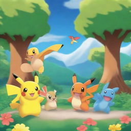 Create an image featuring a lively and colorful scene from the Pokémon universe