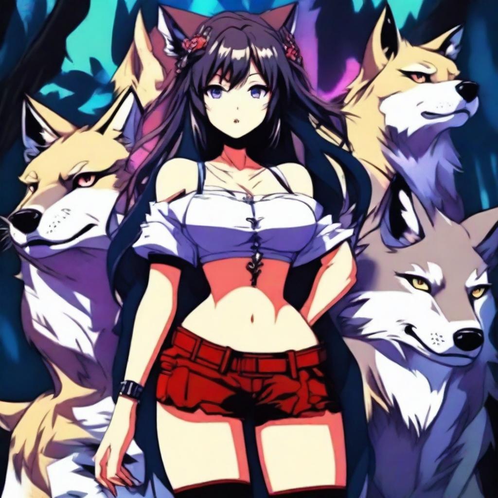 A sexy anime girl standing confidently with wolves by her side