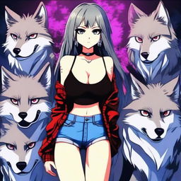 A sexy anime girl standing confidently with wolves by her side