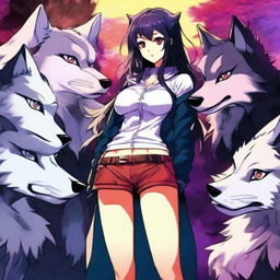 A sexy anime girl standing confidently with wolves by her side