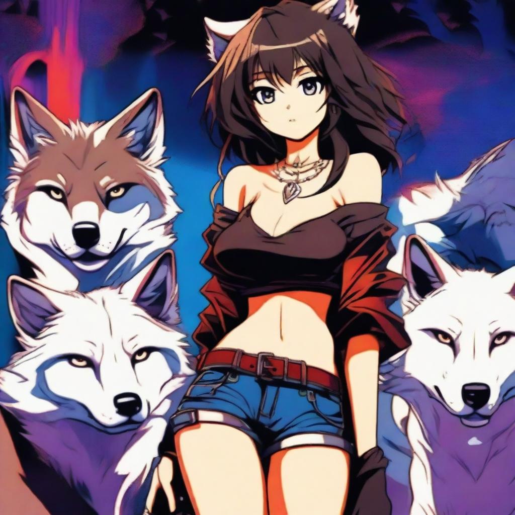 A sexy anime girl standing confidently with wolves by her side