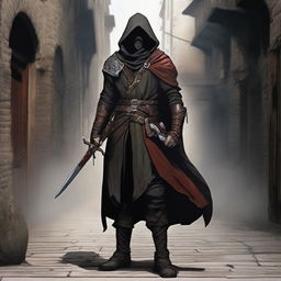 Create a character for Dungeons and Dragons: a rogue equipped with two daggers, a sword, and a blood-stained rapier