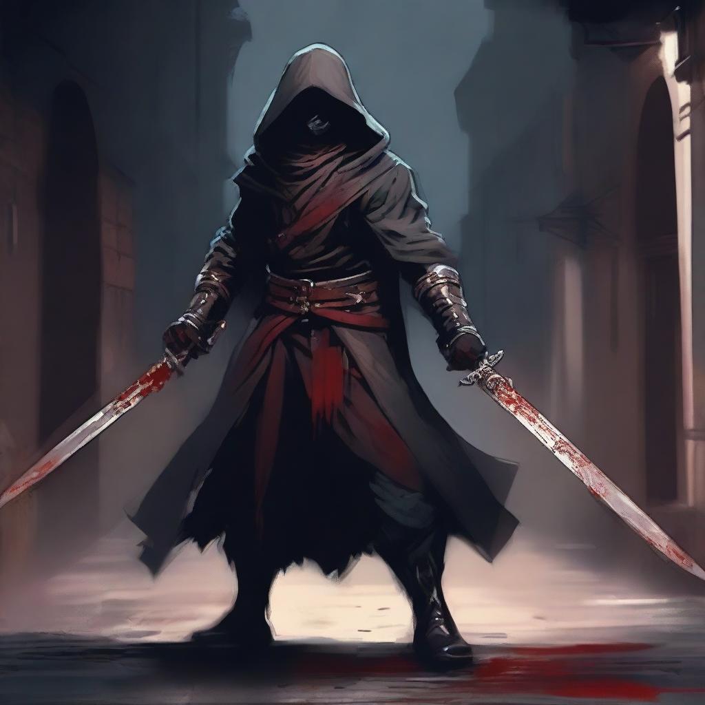 A rogue character wielding a blood-stained rapier, two daggers, and a sword