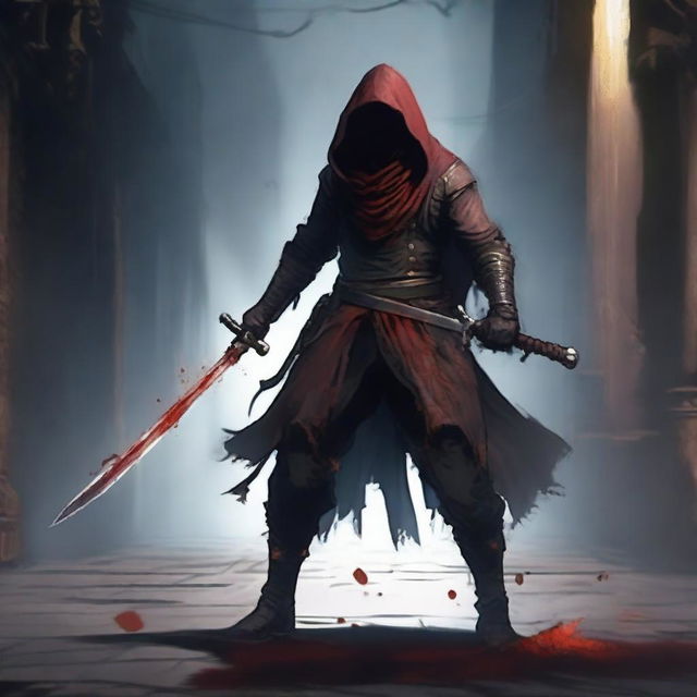 A rogue character wielding a blood-stained rapier, two daggers, and a sword