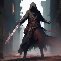 A rogue character wielding a blood-stained rapier, two daggers, and a sword