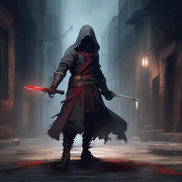 A rogue character wielding a blood-stained rapier, two daggers, and a sword