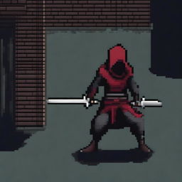 A rogue character in pixel art style wielding a blood-red rapier, two daggers, and a sword