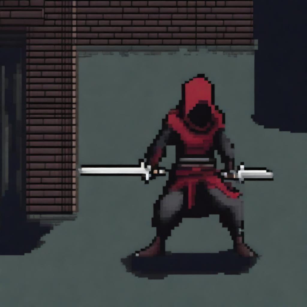 A rogue character in pixel art style wielding a blood-red rapier, two daggers, and a sword