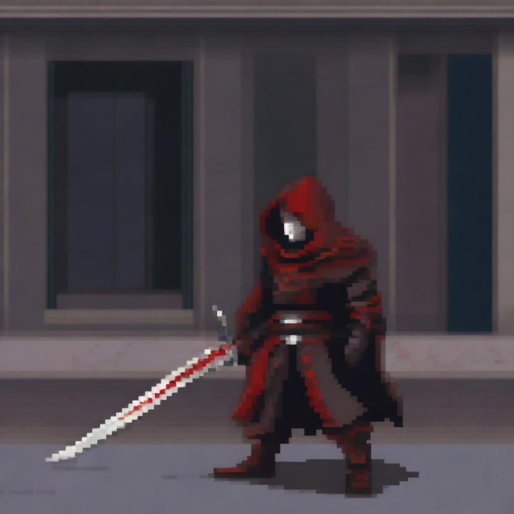 A rogue character in pixel art style wielding a blood-red rapier, two daggers, and a sword