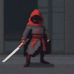 A rogue character in pixel art style wielding a blood-red rapier, two daggers, and a sword