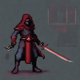 A rogue character in pixel art style wielding a blood-red rapier, two daggers, and a sword