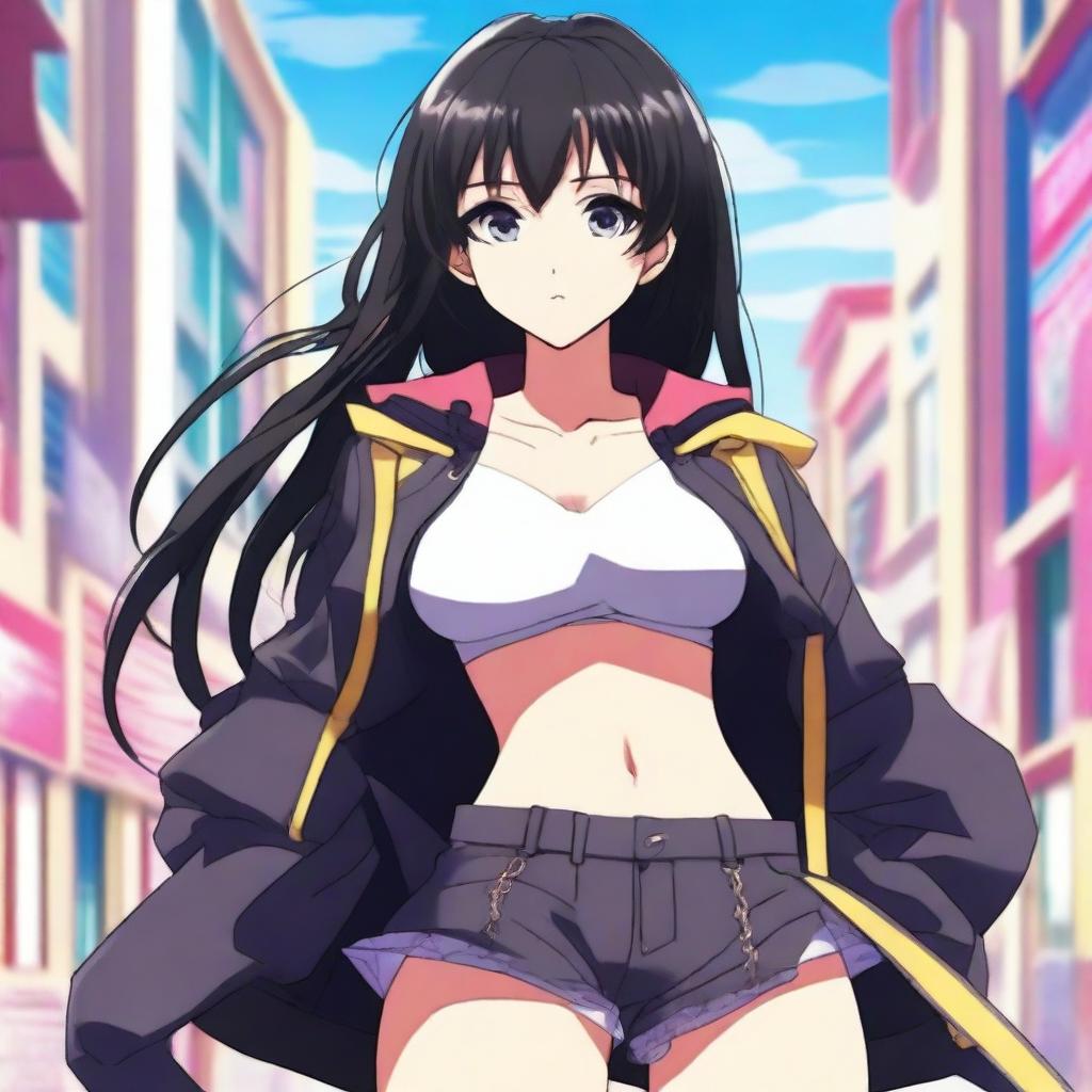 An anime-style girl with black hair, large expressive eyes, and a confident pose