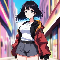 An anime-style girl with black hair, large expressive eyes, and a confident pose