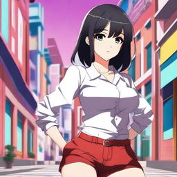 An anime-style girl with black hair, large expressive eyes, and a confident pose