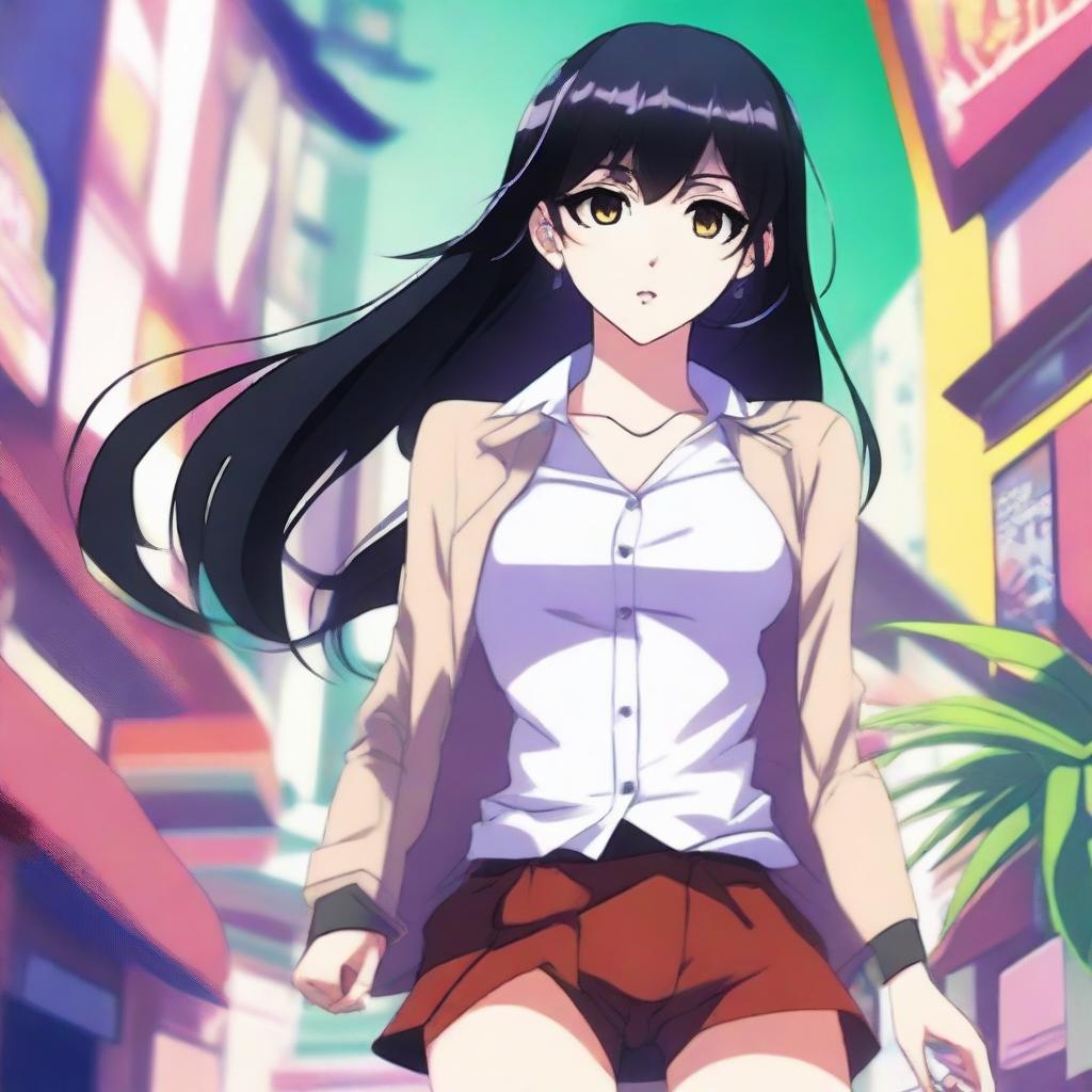 An anime-style girl with black hair, large expressive eyes, and a confident pose