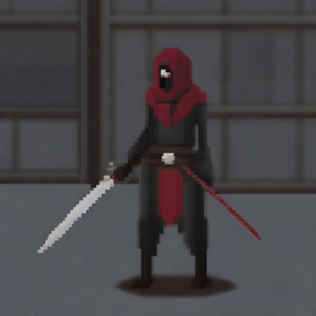 A rogue character in pixel art style wielding a blood-red rapier, two daggers, and a sword