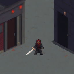 A rogue character in pixel art style wielding a blood-red rapier, two daggers, and a sword