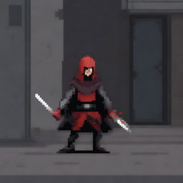 A rogue character in pixel art style wielding a blood-red rapier, two daggers, and a sword