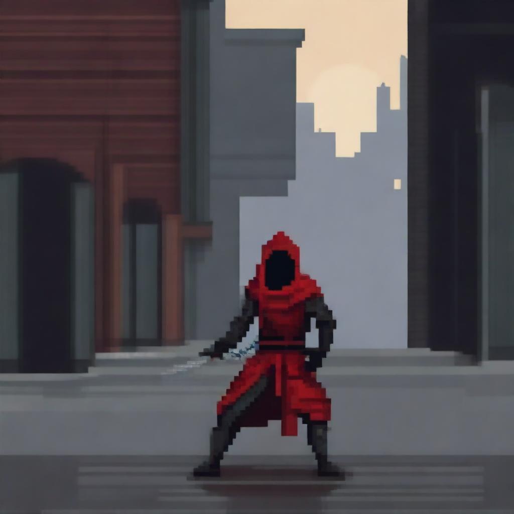 A rogue character in pixel art style wielding a blood-red rapier, two daggers, and a sword