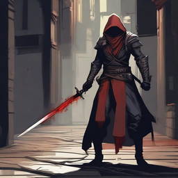 A rogue character wielding a blood-red rapier, two daggers, and a sword