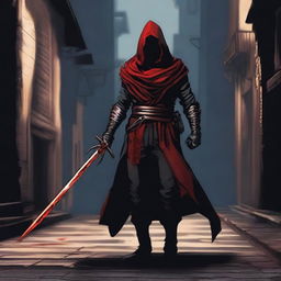 A rogue character wielding a blood-red rapier, two daggers, and a sword