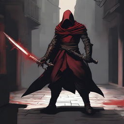 A rogue character wielding a blood-red rapier, two daggers, and a sword