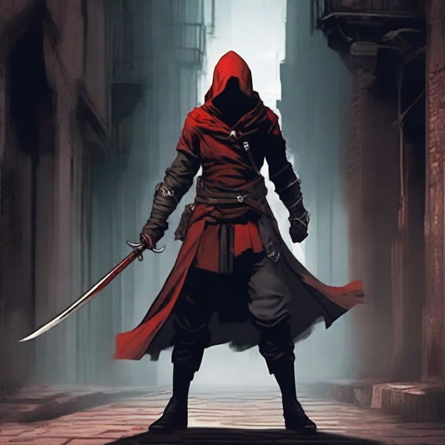 A rogue character wielding a blood-red rapier, two daggers, and a sword