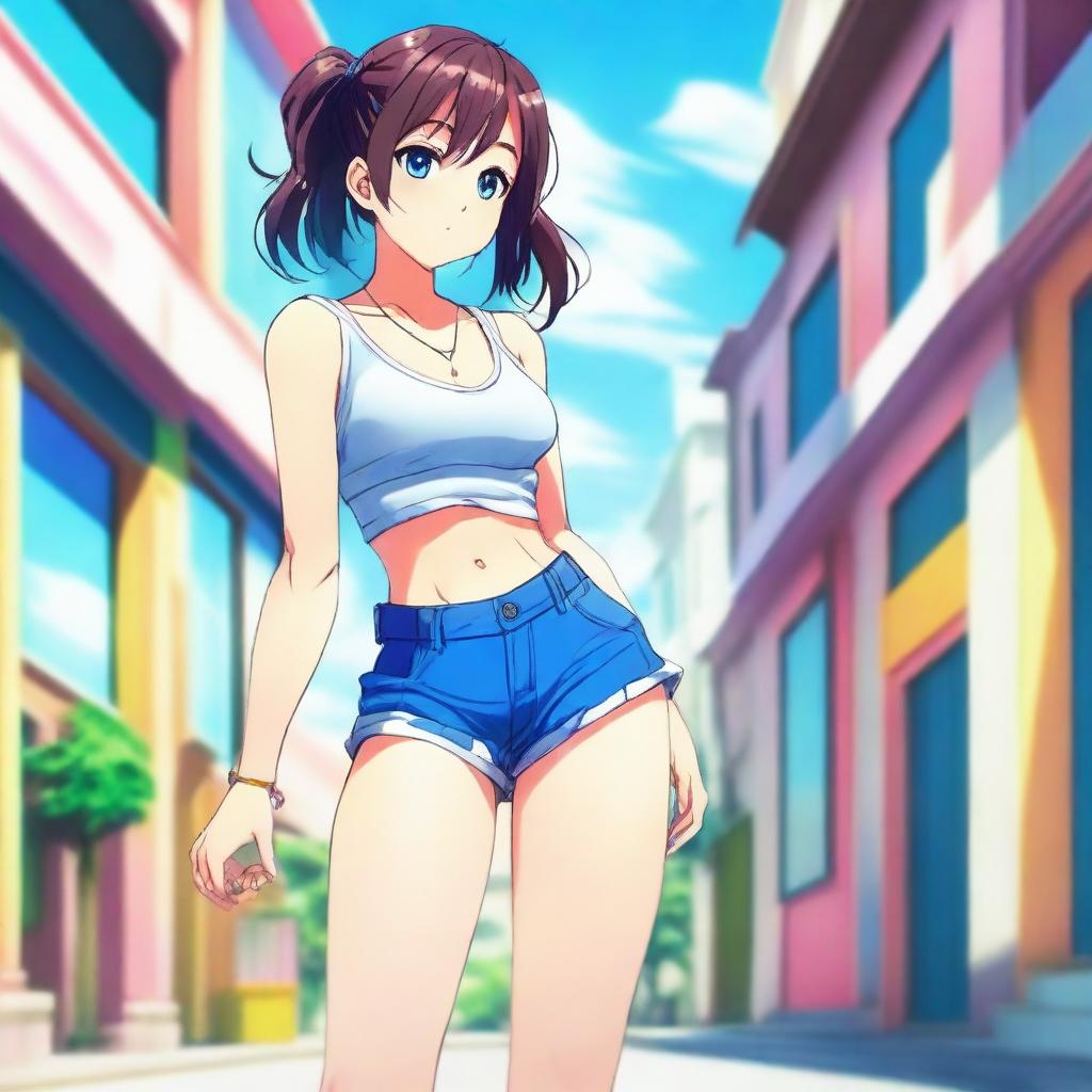 An anime-style girl with a confident pose, wearing a tank top and blue shorts