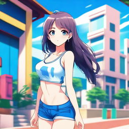 An anime-style girl with a confident pose, wearing a tank top and blue shorts