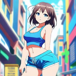 An anime-style girl with a confident pose, wearing a tank top and blue shorts