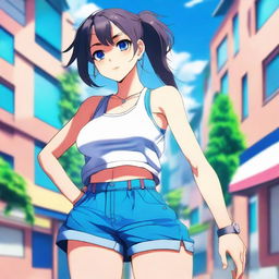 An anime-style girl with a confident pose, wearing a tank top and blue shorts