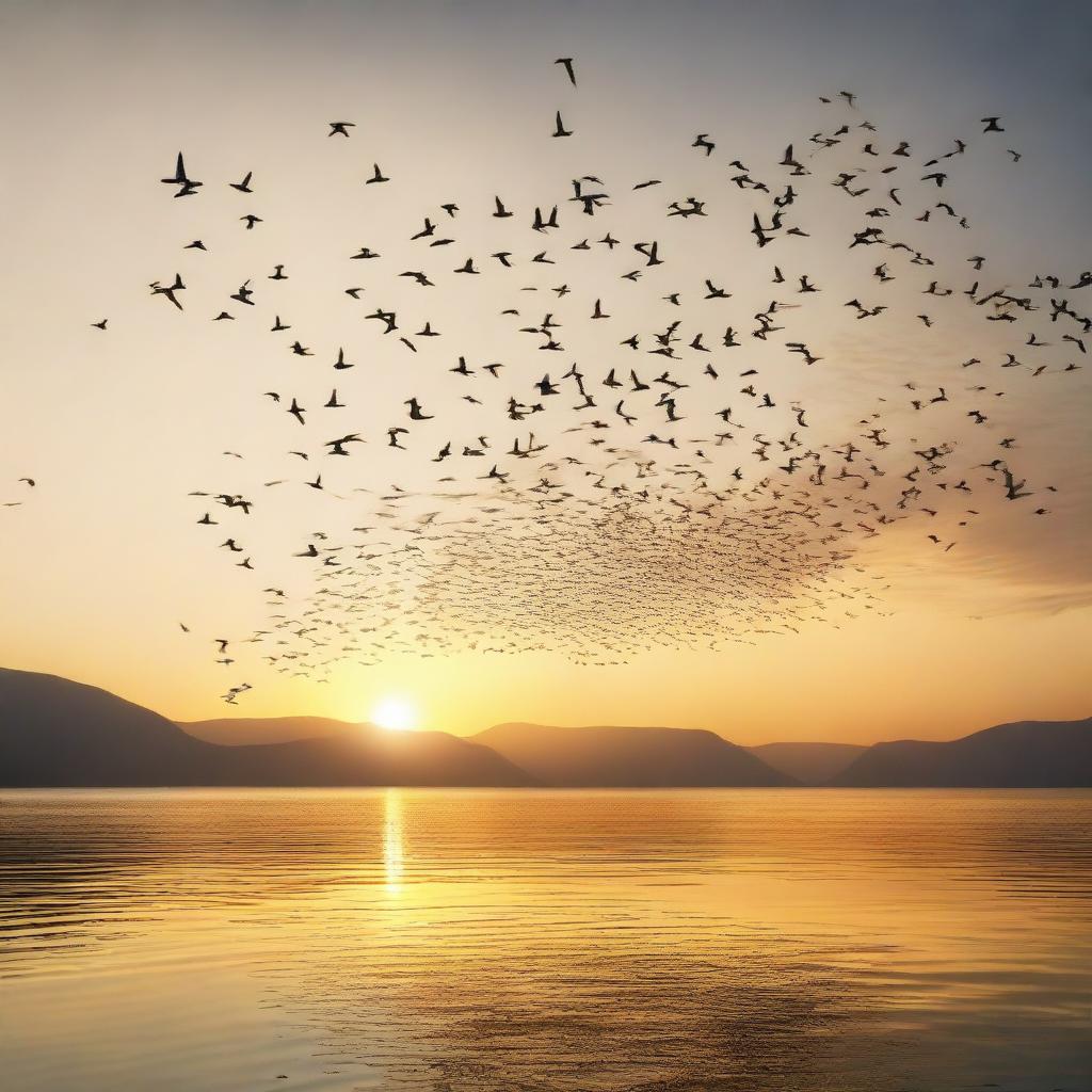 A serene image depicting the migration of birds across a clear sky at sunset