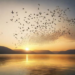 A serene image depicting the migration of birds across a clear sky at sunset