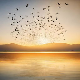 A serene image depicting the migration of birds across a clear sky at sunset