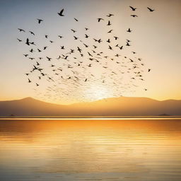 A serene image depicting the migration of birds across a clear sky at sunset